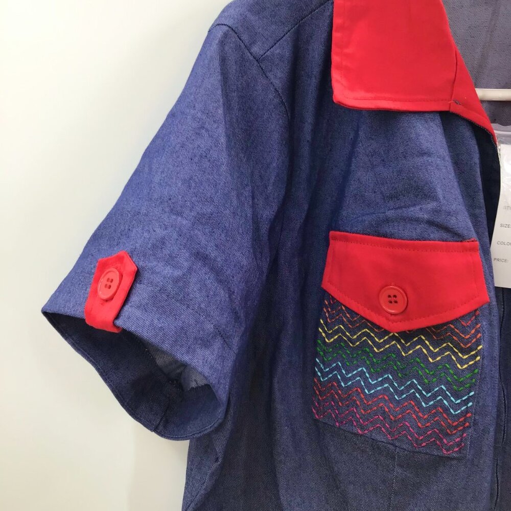 Dopamine Retro Denim Romper Women's 2X Rainbow LGBTQ+ Pride Red Contrast Cuffs - Picture 7 of 12
